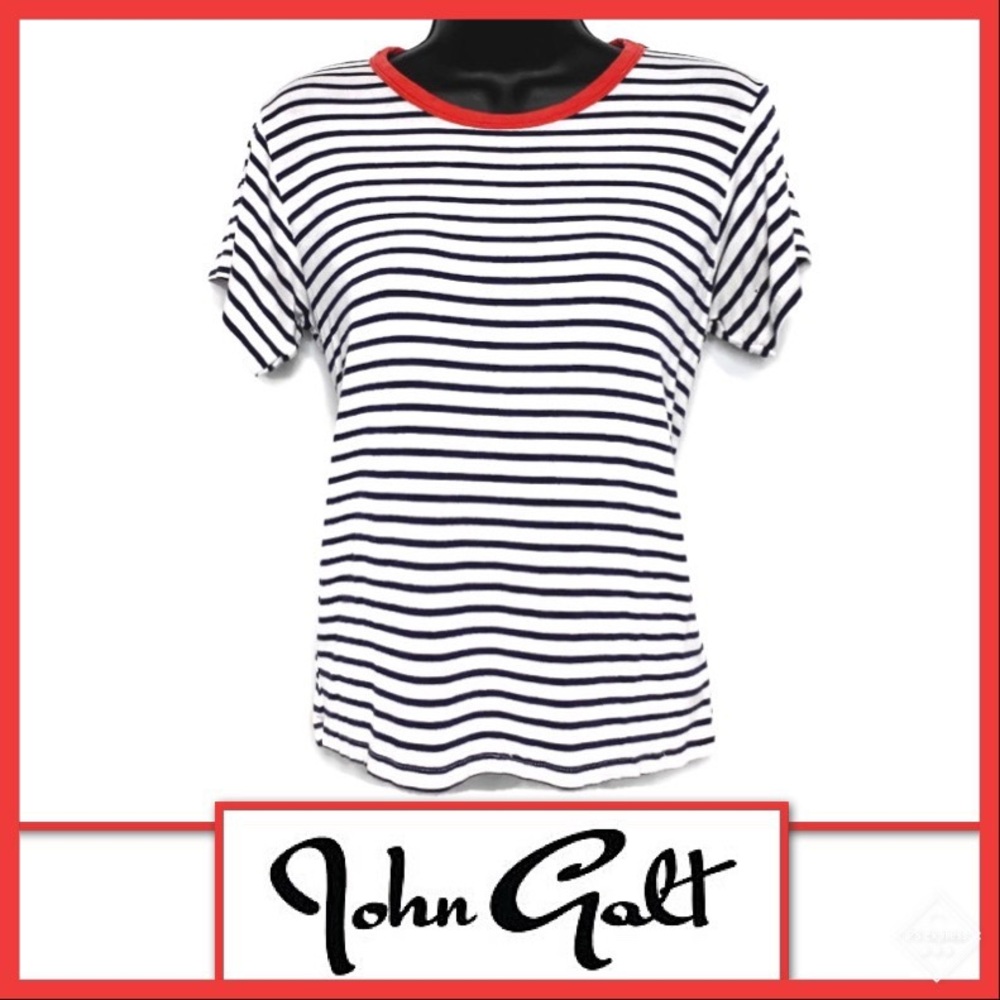John Galt B&W Striped Tee w/ Red Trim Detail Sz OS
